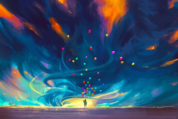 child holding balloons standing in front of fantasy storm,illustration painting